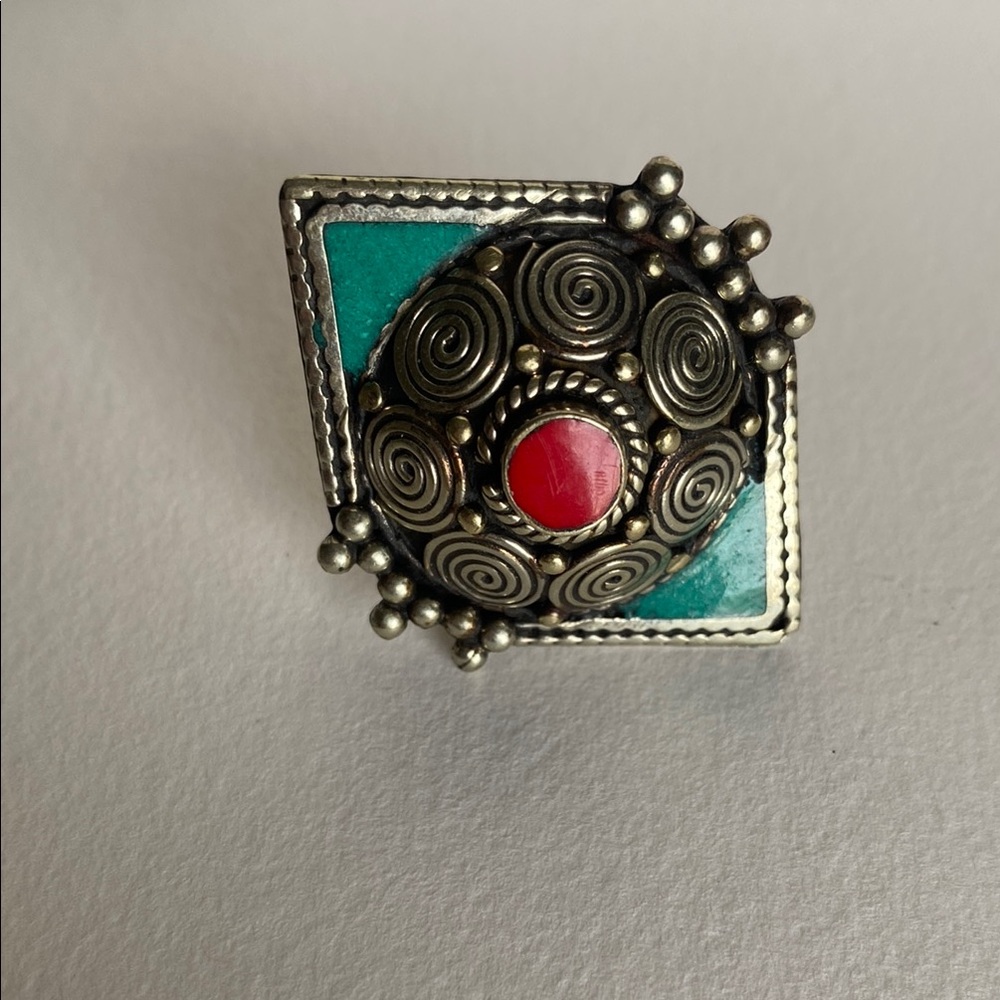 Silver Ring with Coral and Turquoise Inlay